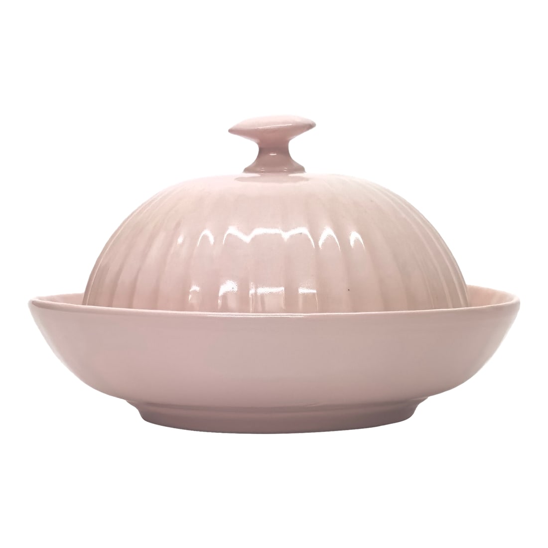 Vintage Fluted Soft Pink 2-Piece Porcelain Butter Dish, Made in Czechoslovakia: This soft pink fluted butter dish is a rare item, made in Czechoslovakia circa 1950s. Measurements: 6"W x 4"H (including lid) Condition: Alterations: Original Condition Unaltered Imperfections: Some