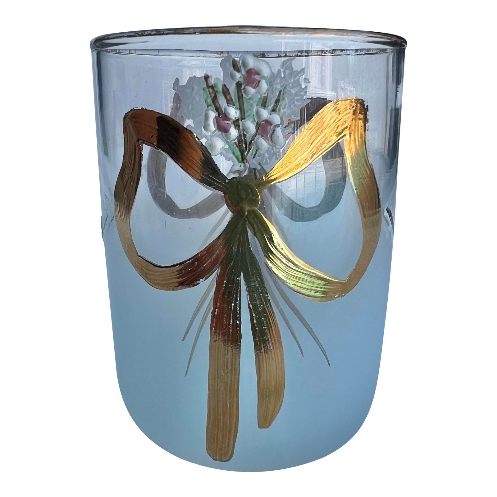 Mid 20th Century Art Deco Floral Painted Glass Jar /Vase: 1920-1950s Glass Jar or Small vase. The main body is glass with a frosted finish on the lower half and a clear top section with a gold rim. The decorations are hand-painted in gold and white enamel.