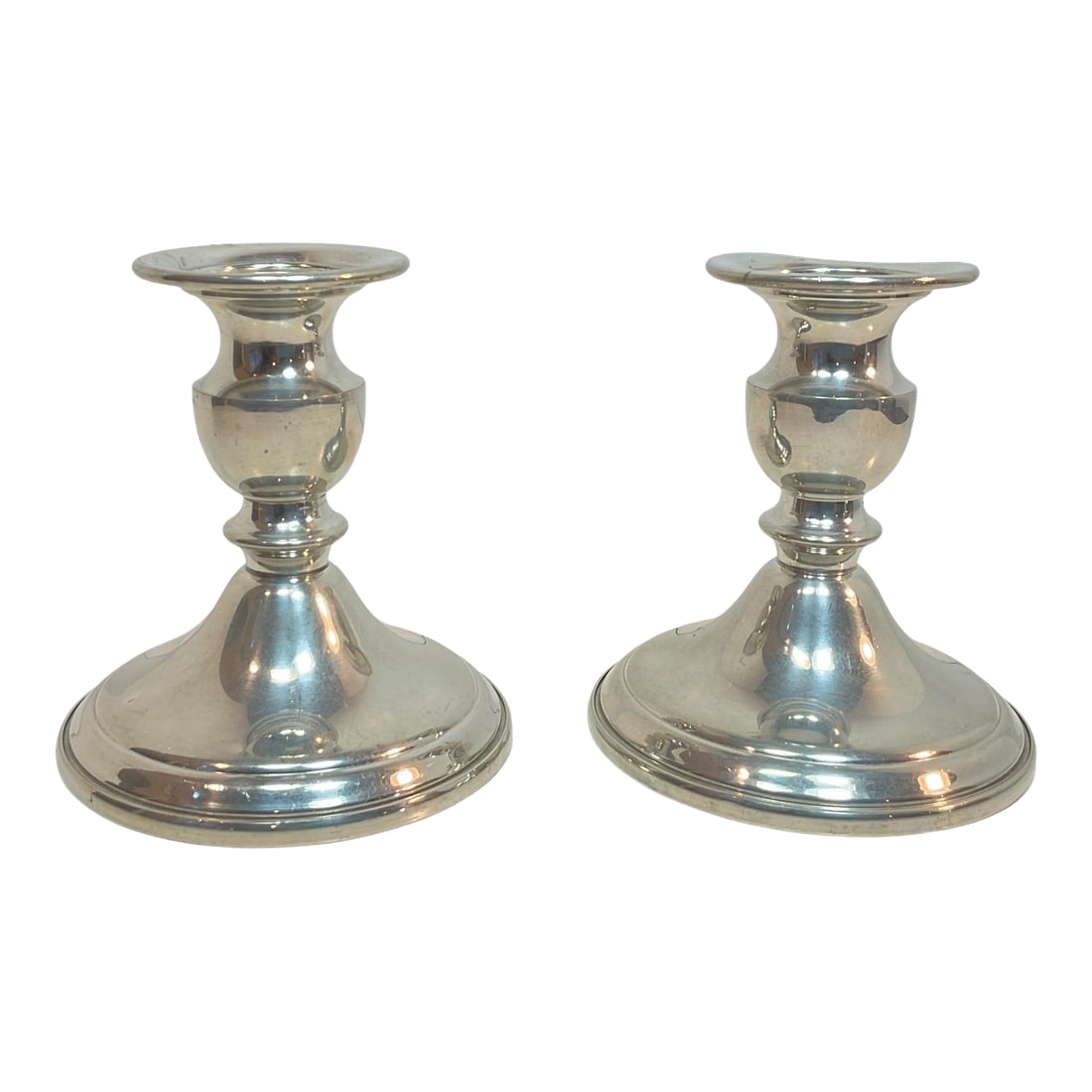 Vintage Web Pewter Candle Holders Weighted 4" - A Pair: These are WEB weighted pewter candle holders measuring 4 1/4" tall, and 4" at the base. They would look great mixed with other silver candle holders as a set on a mantel, or displayed simply on a