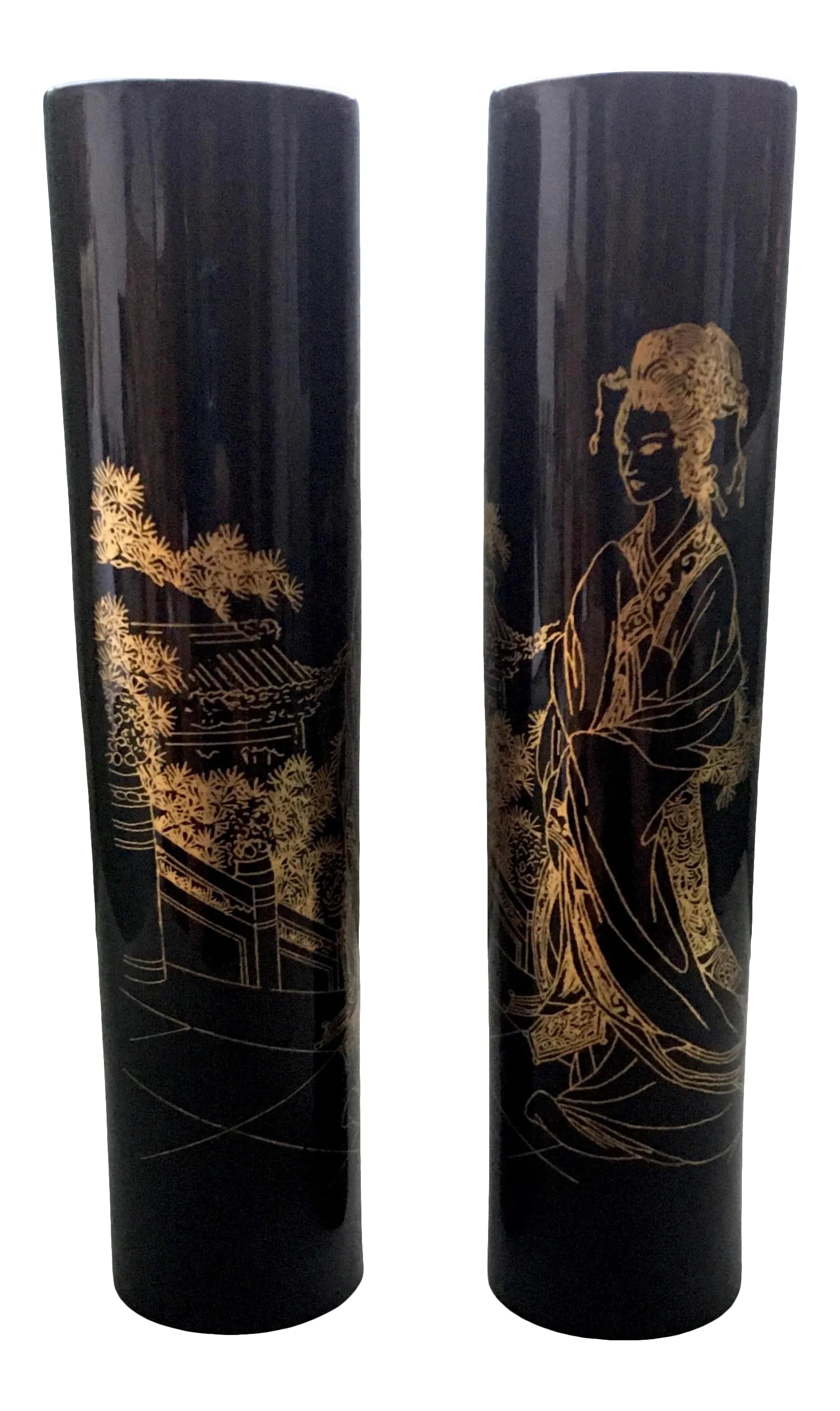 1960s Asian Black & Gold Lacquer Landscape Vases - a Pair: A charming pair of decorative vases in the mid century chinoiserie style with a garden scene. Ships within 1-2 days using USPS. All items packed with care. Please contact us with any questions.