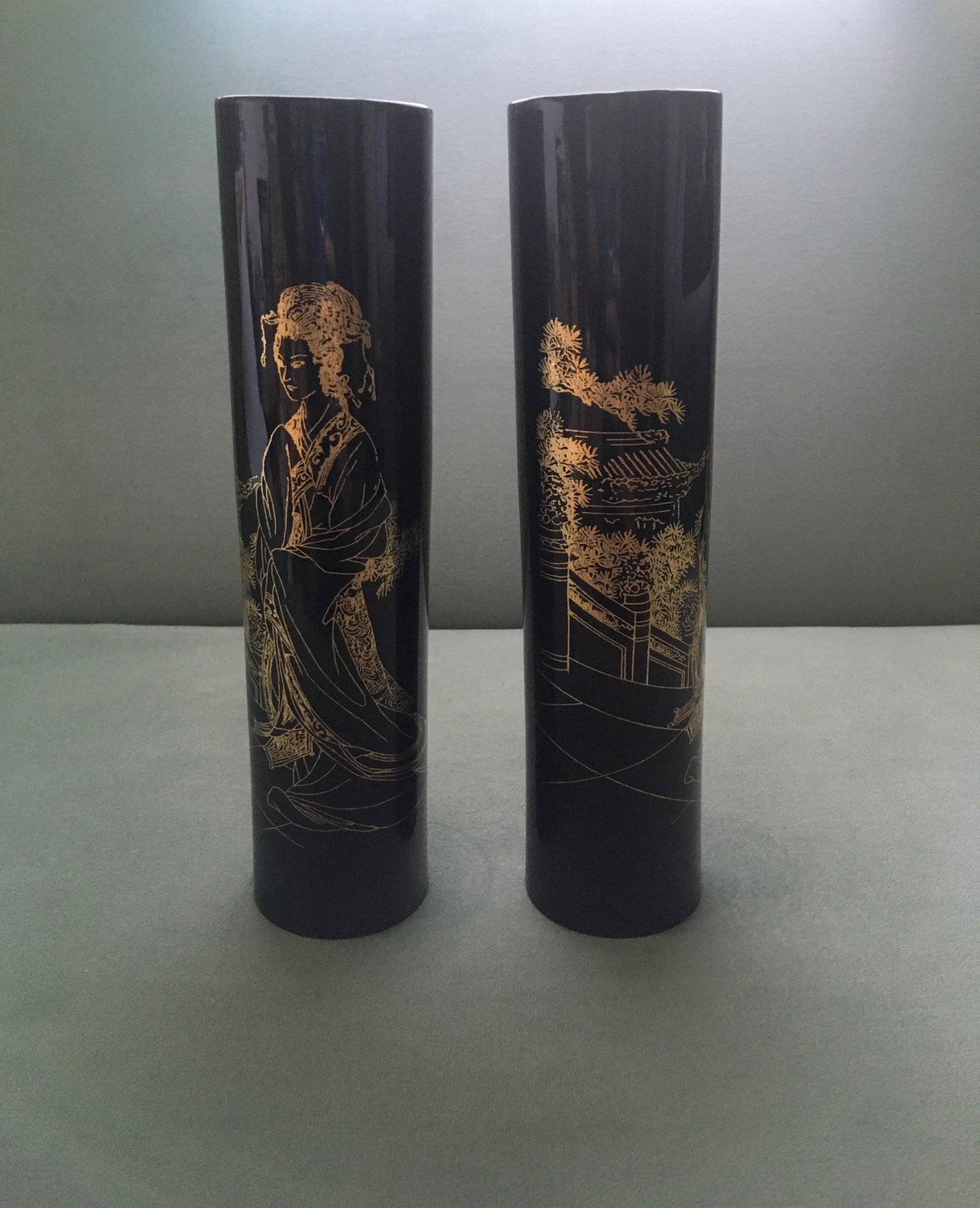 1960s Asian Black & Gold Lacquer Landscape Vases - a Pair - 2