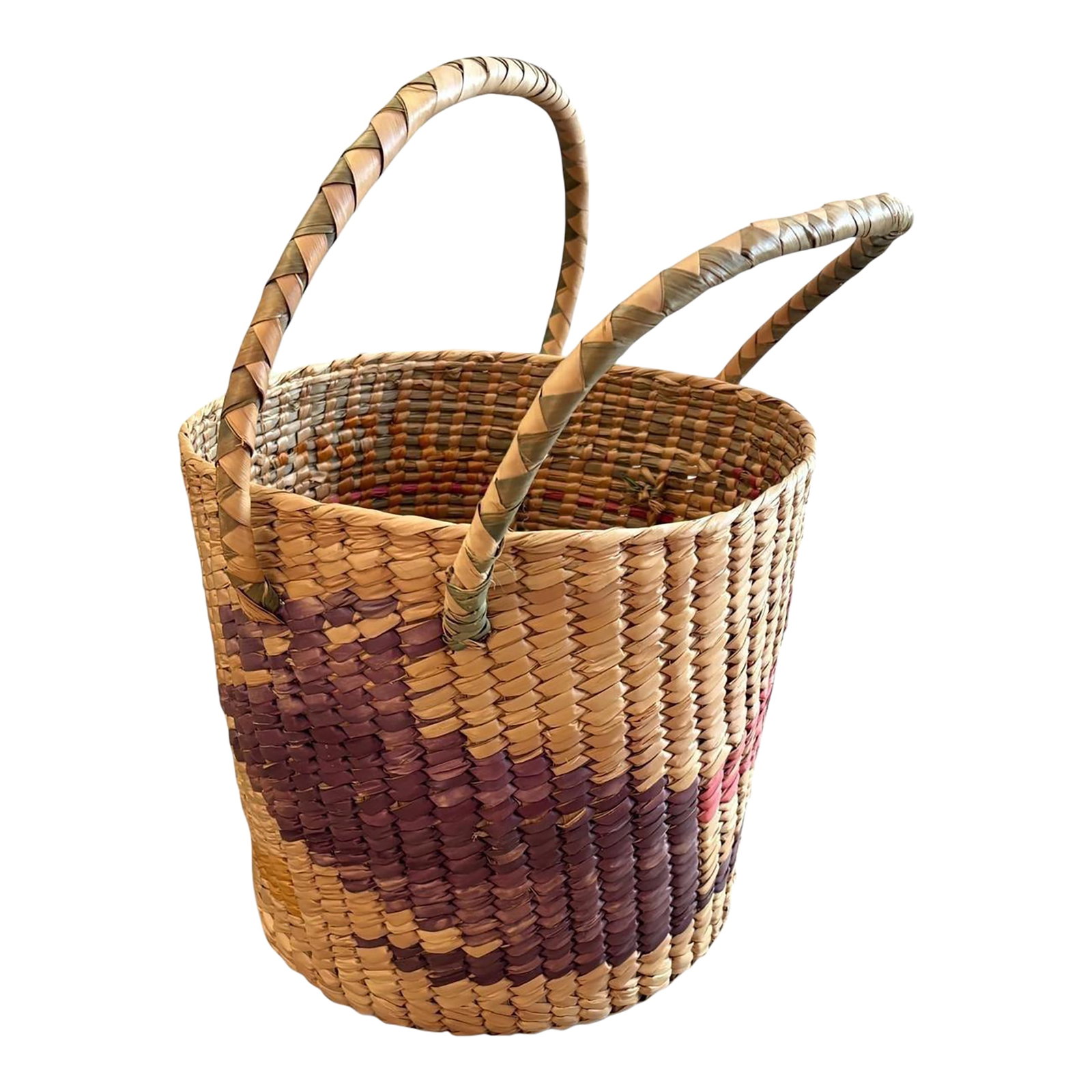 Mexican Folk Art Woven Palm Basket With Handle Late 20th Century Vintage Handmade: Beautifully handwoven from natural fibers, this vintage basket features a charming geometric pattern in warm earthy tones with accents of pink and brown. The sturdy double-handle design adds both styl
