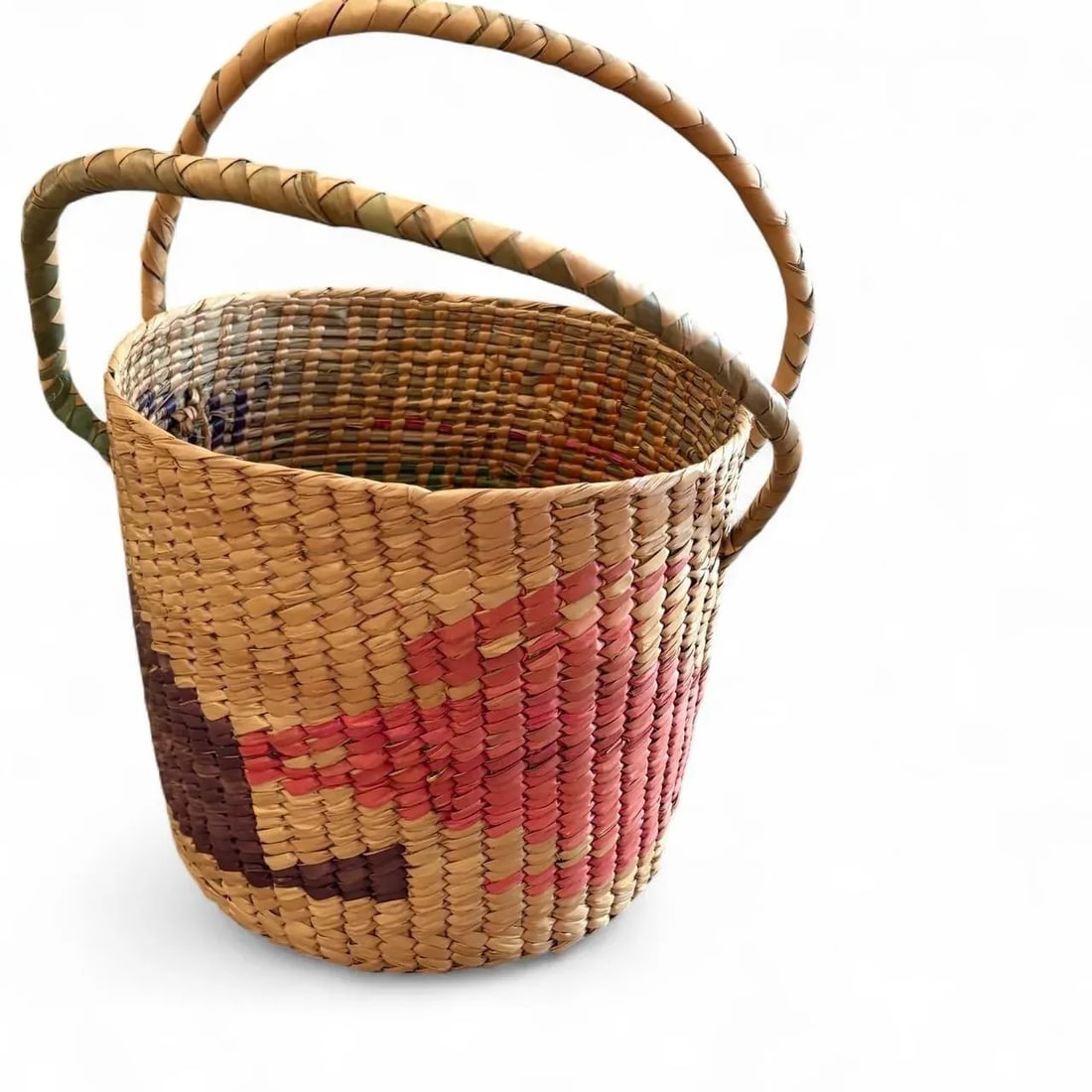 Mexican Folk Art Woven Palm Basket With Handle Late 20th Century Vintage Handmade - 2