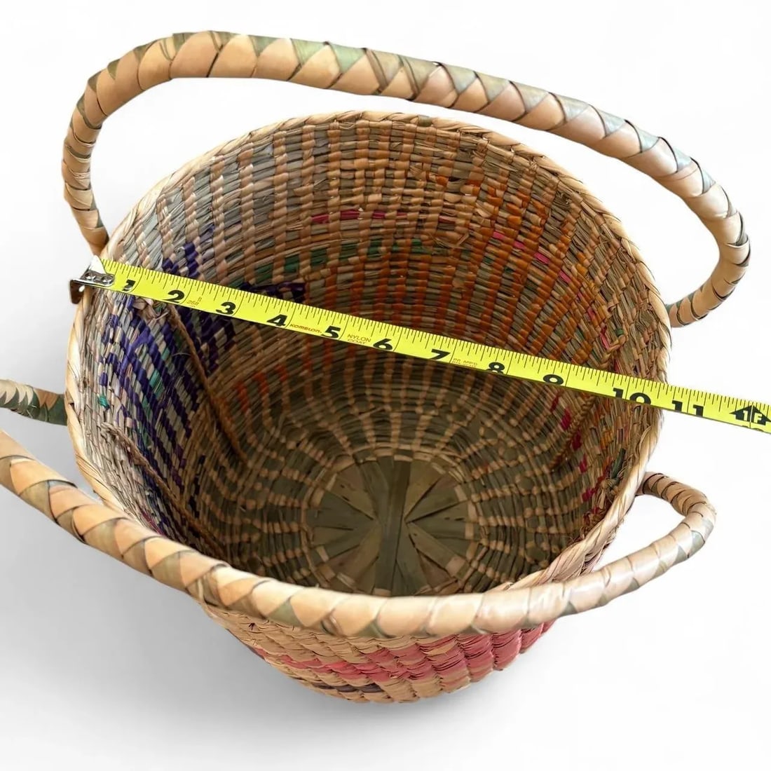 Mexican Folk Art Woven Palm Basket With Handle Late 20th Century Vintage Handmade - 3
