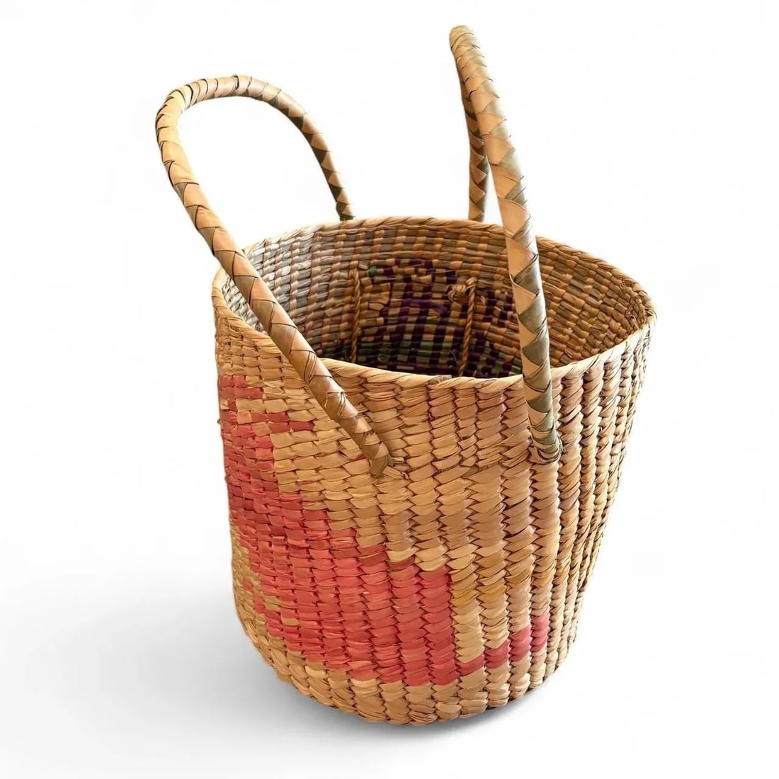 Mexican Folk Art Woven Palm Basket With Handle Late 20th Century Vintage Handmade - 4