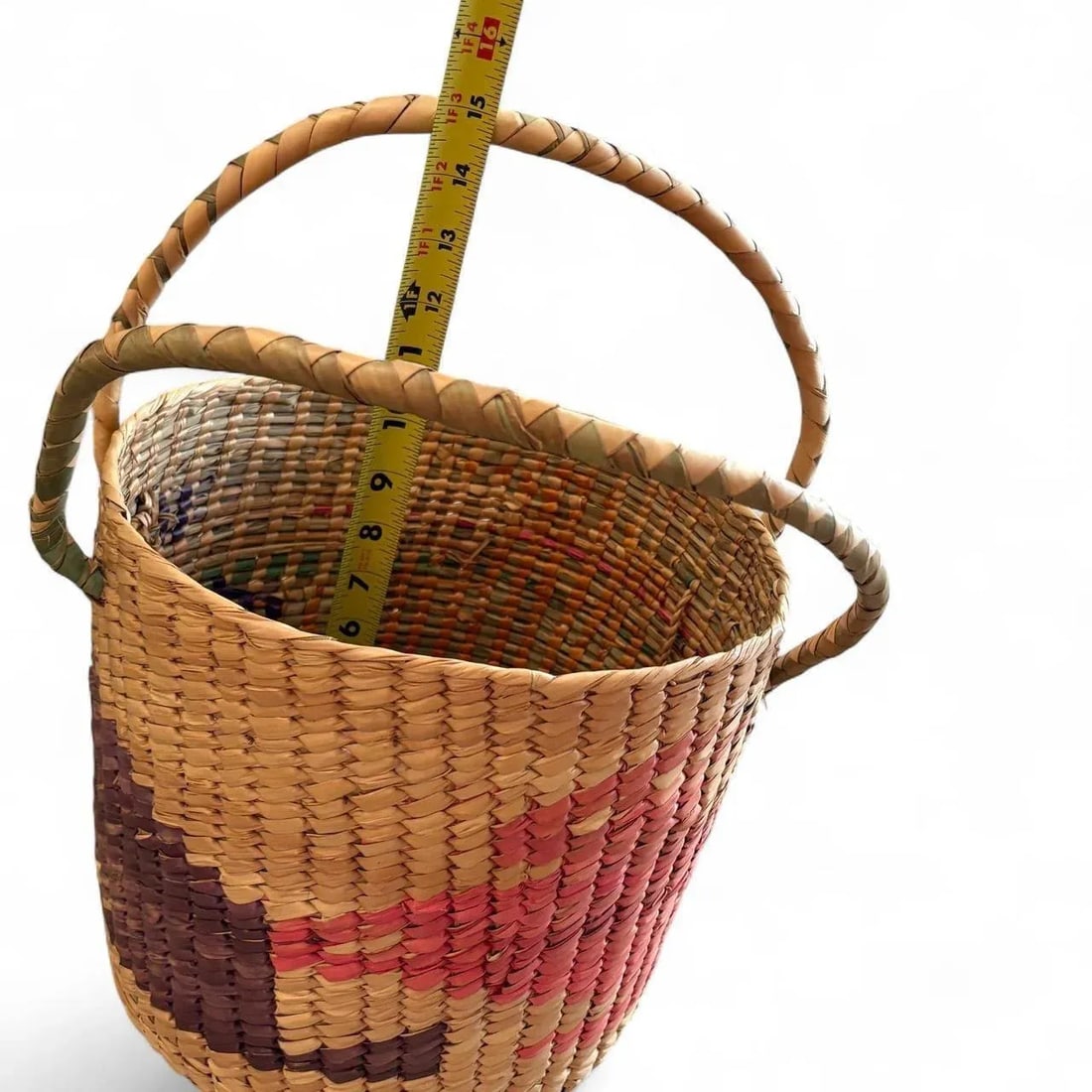 Mexican Folk Art Woven Palm Basket With Handle Late 20th Century Vintage Handmade - 5