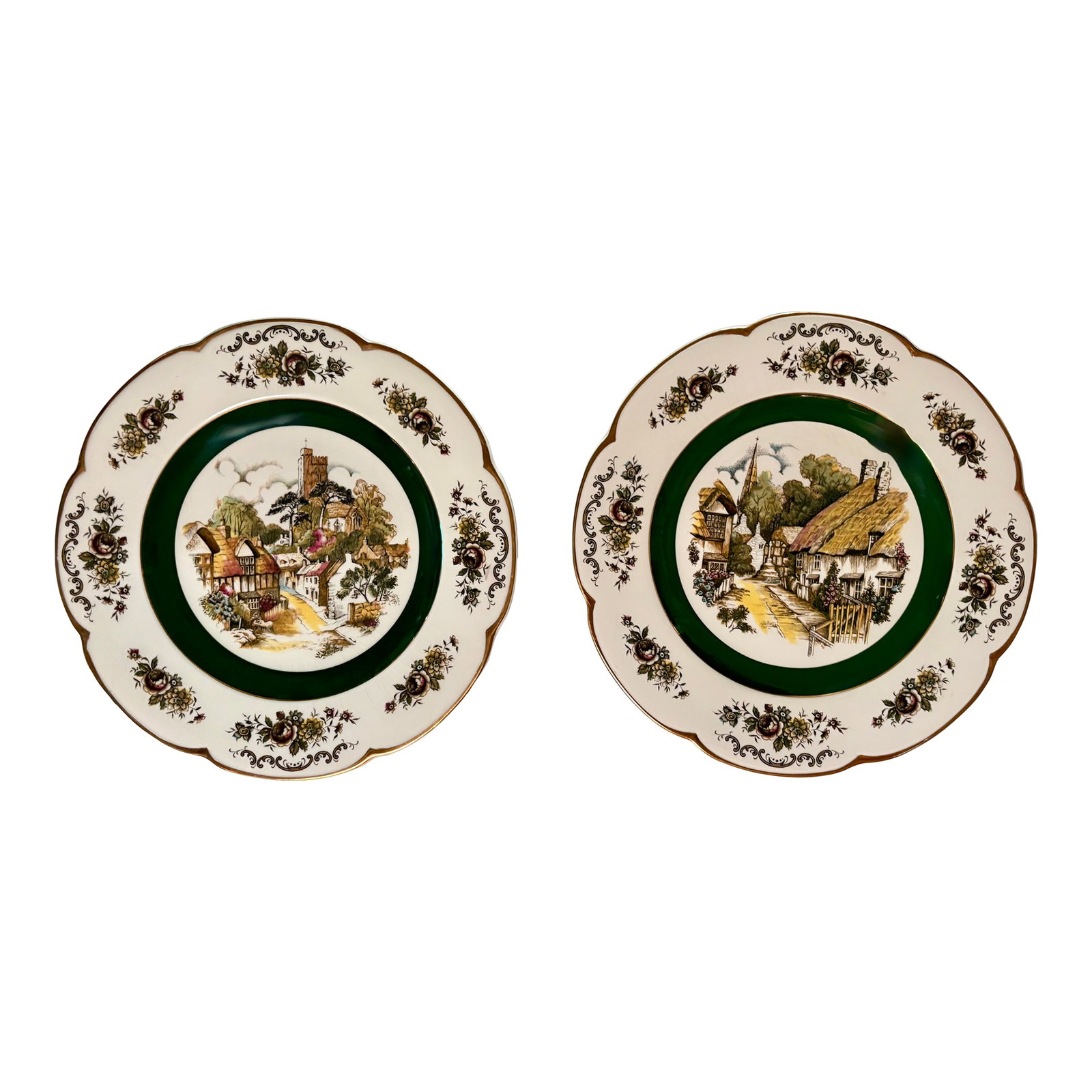 1950s Green and Gold English"Ascot" Decorative Plates by Wood and Sons, Set of 2: This set of two lovely scalloped edge plates, trimmed in gold, feature a wide border of flowers, a forest green inner band, and a scene of English country village life in the center. Each plate has a 