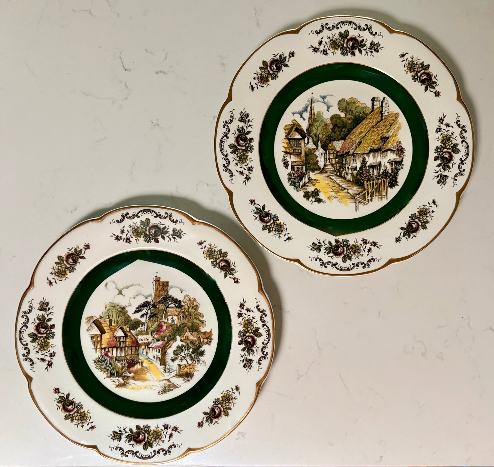 1950s Green and Gold English"Ascot" Decorative Plates by Wood and Sons, Set of 2 - 6