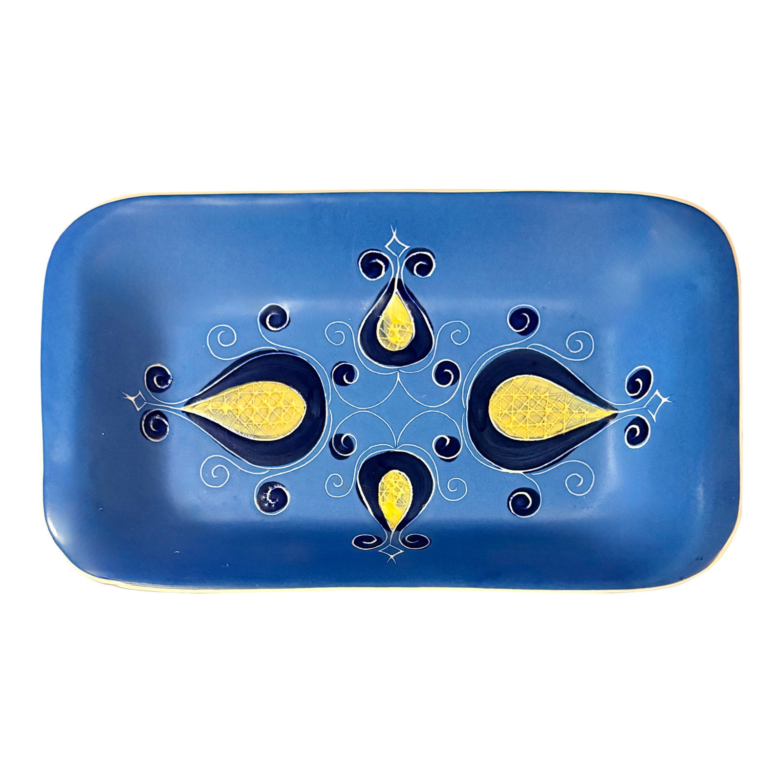 Jie Gantofta of Sweden Tear Drop Serving Dish: This striking mid-twentieth century ceramic serving dish was produced by Jie Gantofta of Sweden. The dish is finished in a deep midnight blue glaze with a white edge. The face of the dish features