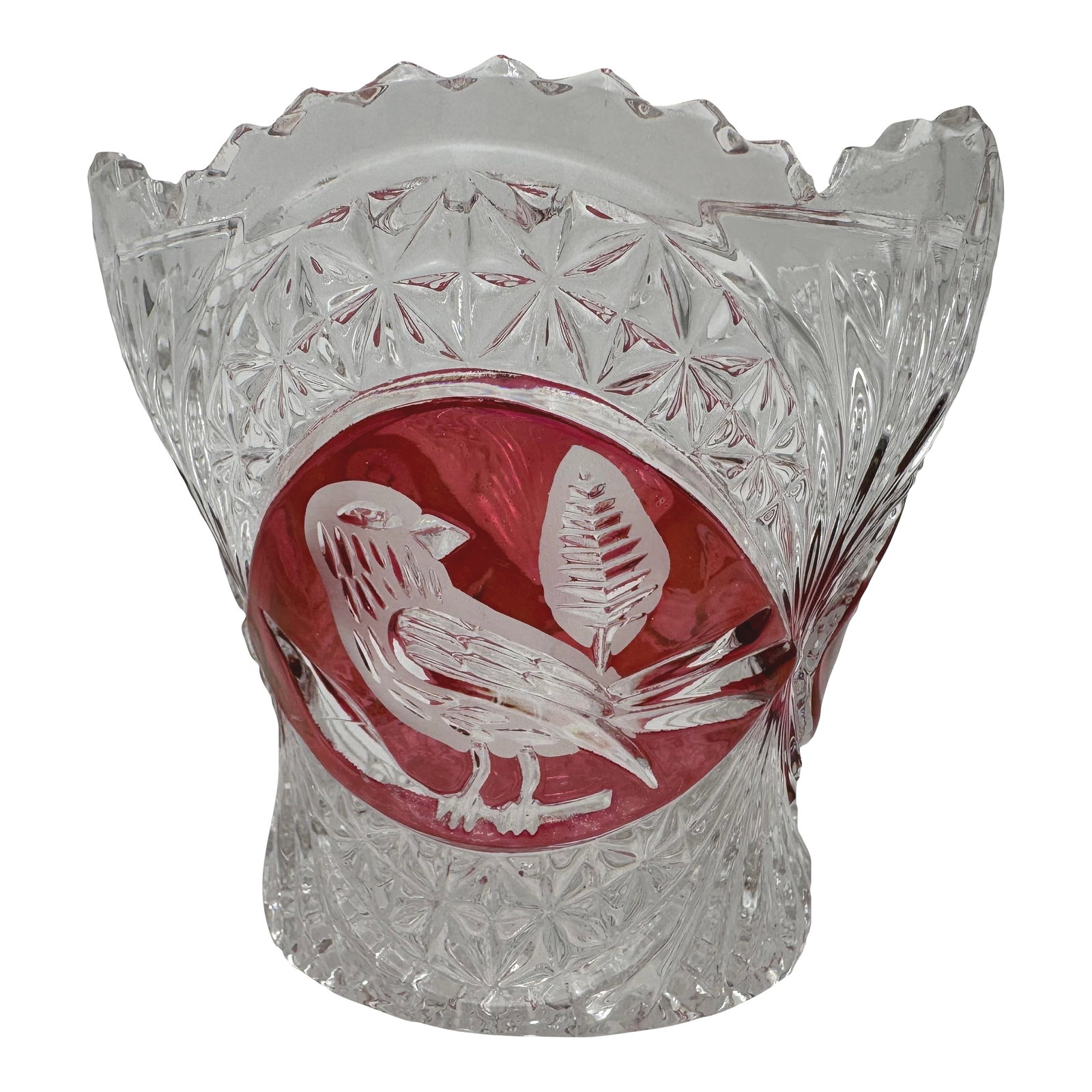 Byrdes Collection Jam/Jelly Jar Base by Hofbauer 24% Lead Crystal: This listing is for 1 jam / jelly jar base 3" 24% lead crystal Pressed, Cut Bird, Ruby Red Accent Discontinued Condition: Alterations: Original Condition Unaltered Imperfections: Some Imperfections