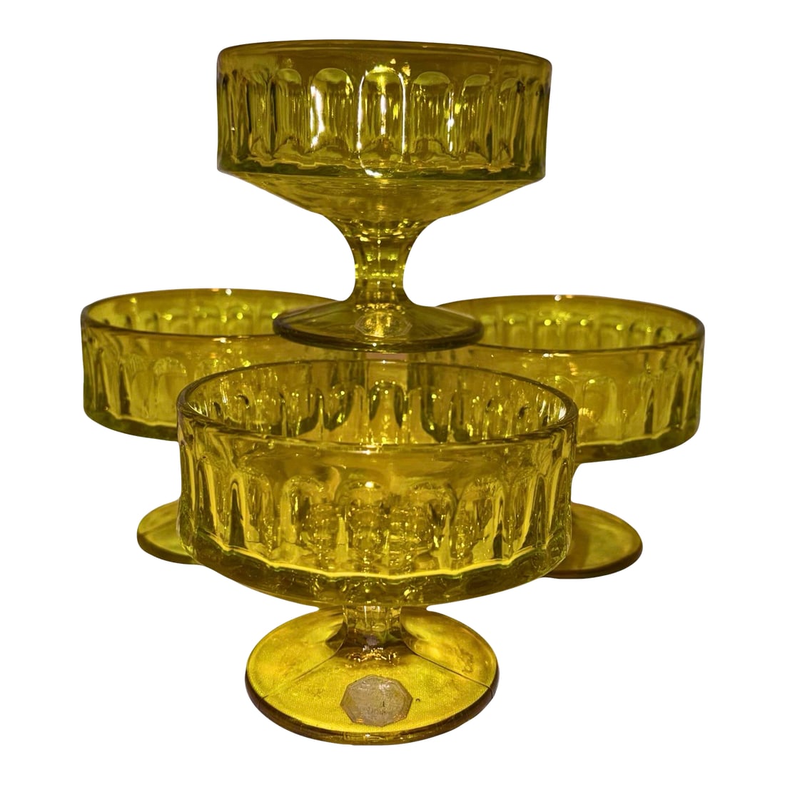 1969 Chartreuse Champagne/ Sherbet Glasses, S/4: Made by Independence Glass Ware Japan, this pattern and color were only made for one year, in 1969. Although the pattern is named "Sculptural Yellow," their actual appearance is a stunning