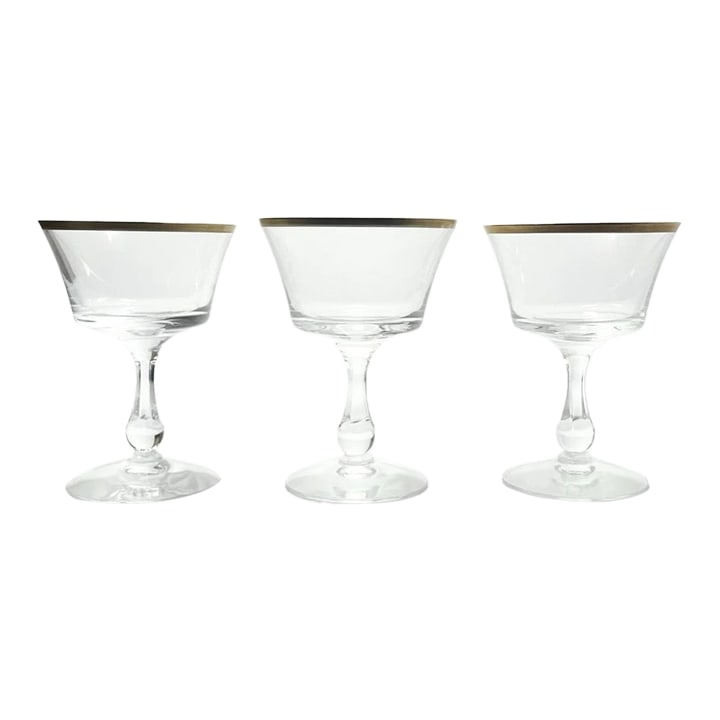 1950s Fostoria "Richmond" Set of 3 Coupe Champagne Glasses: Fostoria "Richmond" Set of 3 Coupe Champagne Glasses 5 1/4" 6oz Signed Excellent condition. No chips, cracks, or fleabites. Height 5 5/8" Length (Opening) 2 3/8" Holds 3oz Circa 1950-60s Condition: