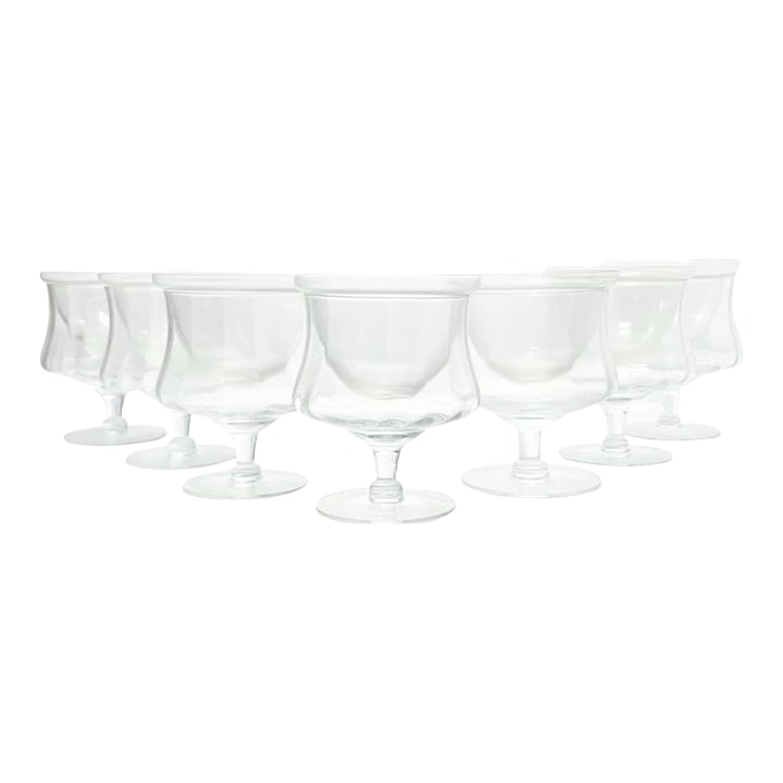 1950s Cambridge Glass "Corinth" 7 Optic Ice Dish Seafood Cocktail Glasses & Liners: Cambridge Glass "Corinth" 7 Optic Ice Dish Seafood Cocktail Glasses & Liners 5" Good vintage condition. No chips, cracks, or fleabites. Height 5" Length (Opening) 3 7/8" Circa 1950s Condition: Alterat