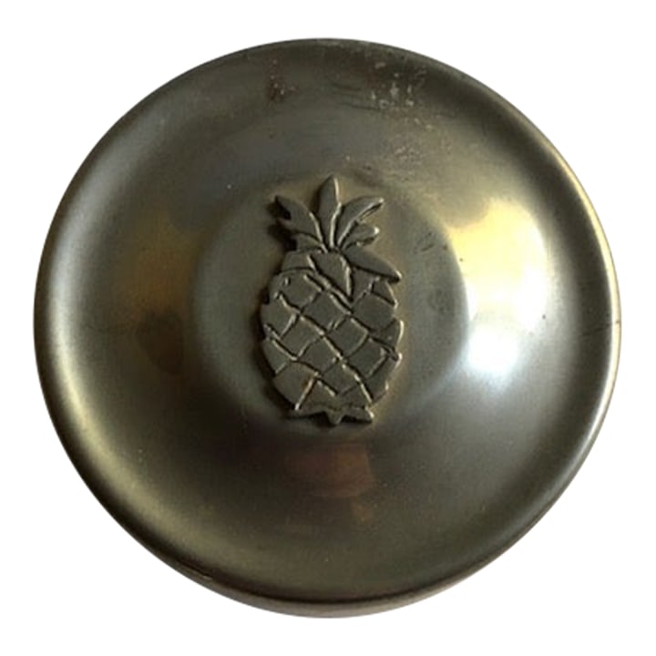 Pineapple Design Cape Cod Pewter Box With Lid: Sweet decorative two-piece box, made by Cape Cod Pewter. Removable lid has pineapple design. Inside is lined in red felt. Stamped on bottom. Nice in the bedroom or bathroom for rings, or in the office