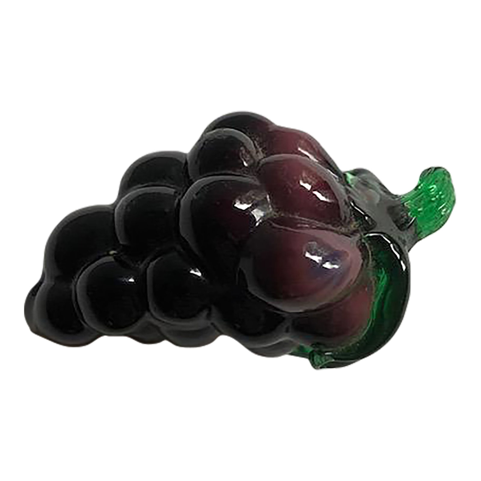 Vintage Mid-20th Century Purple and Green Glass Grapes Figurine: Pretty mid-century glass figurine of purple grapes with green leaves. Use as decor or paperweight. Condition: Alterations: Original Condition Unaltered Imperfections: Some Imperfections Condition