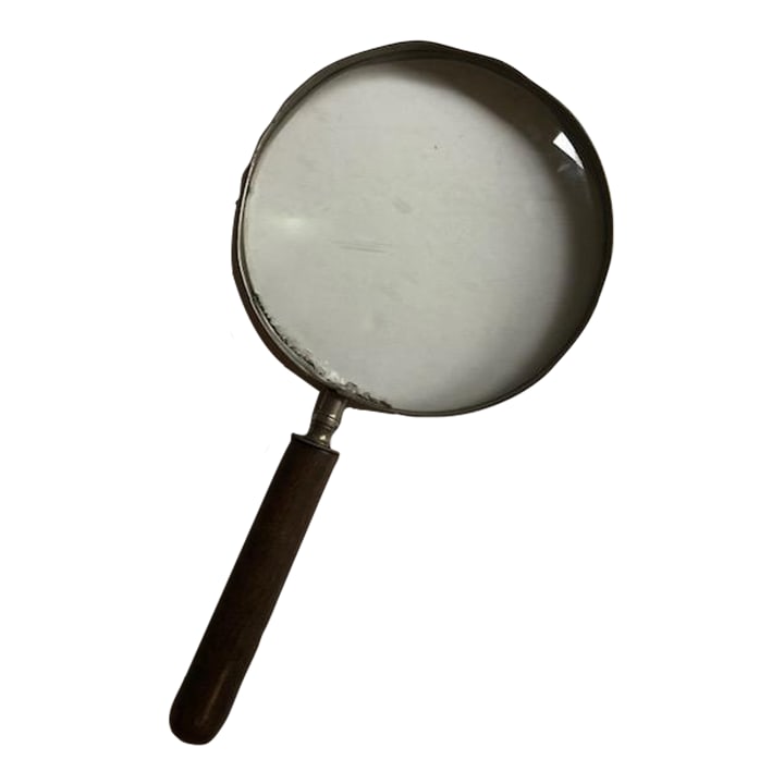 Vintage Mid-20th Century Enormous Magnifying Glass: Straight out of an old-fashioned detective movie... enormous vintage mid-dentury magnifying glass. Wooden handle and metal glass surround. Fun and functional. Condition: Alterations: Original Conditio