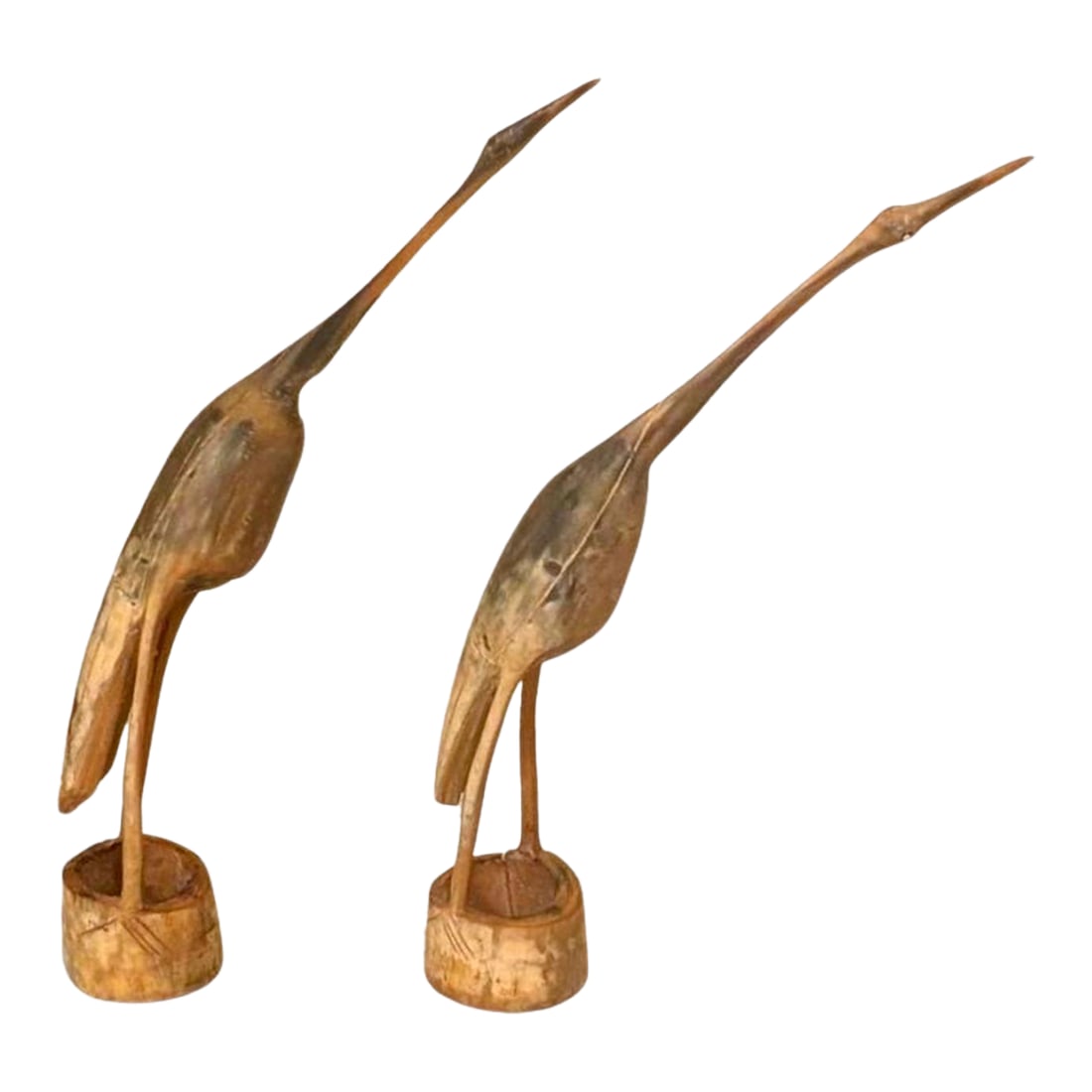 Mid 20th Century Set of 2 Hand Carved Bovine Horn Heron/Crane Sculpture Figureines: Pair of vintage sculptures of cranes or herons, hand crafted entirely from natural horn, likely water buffalo or steer horn, giving them a unique, variegated appearance. Similar pieces are often attri