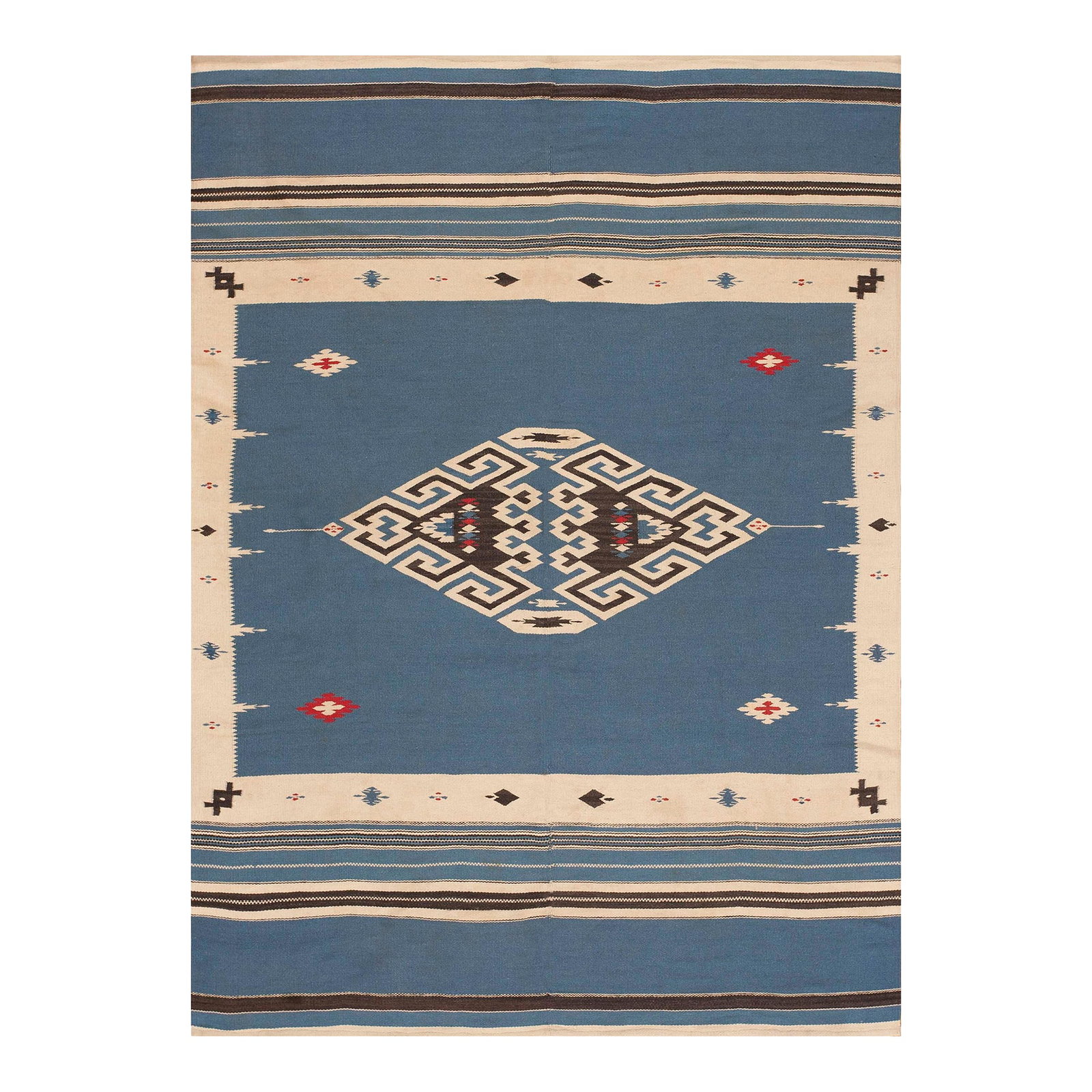 1940s Gray Tribal Medallion Antique Mexican Chimayo Flat Weave 4'8" X 6'8" Flatweave Wool Carpet: 1940s Chimayo flat weave ( 4'8" x 6'8" - 142 x 198 cm) Antique Navajo - Chimayo Mexico Medallion Flat Weave Rug, Circa Date: 1940s. This striking textile represents the rich weaving traditions of the