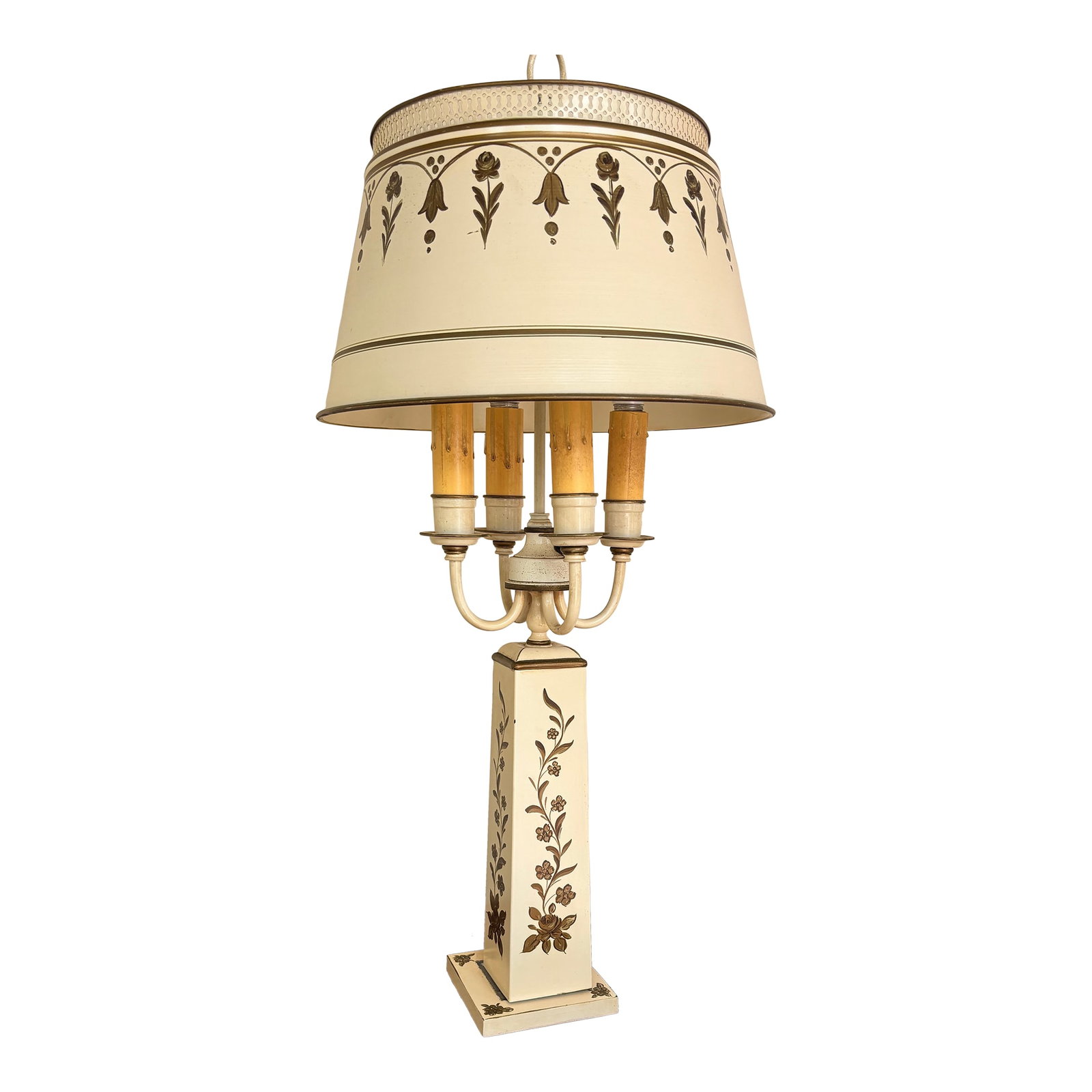 1940's Bouillotte Tole Lamp, Classic Hand Painted Design to Base and Shade. In a Classic Cream Color: Rare vintage early 20 th century bouillotte tole lamp. Shows some age with great early American and French style. Will add conversation and interest to any room or desk. Condition: Alterations: