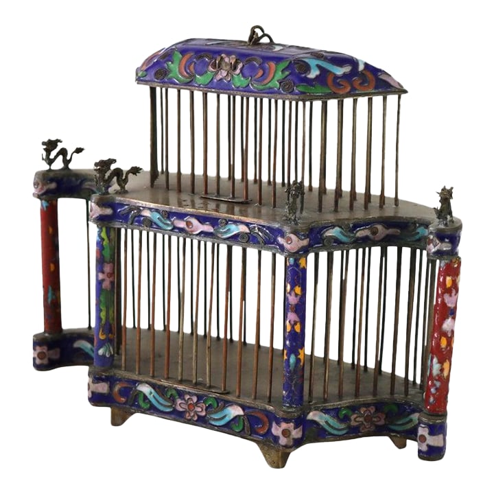 Antique Chinese Floral Cloisonne Enameled Cage With Dragon Finials C1900: Antique Chinese Floral Cloisonne Enameled Cage With Miniature Dragons C1900 Measures - 7 3/8" x 9 1/4" x 3 3/8" This antique Chinese cage, dating to circa 1900, showcases the art of cloisonne