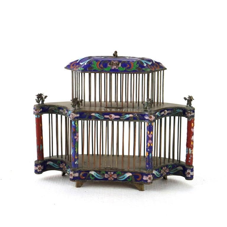 Antique Chinese Floral Cloisonne Enameled Cage With Dragon Finials C1900 - 2