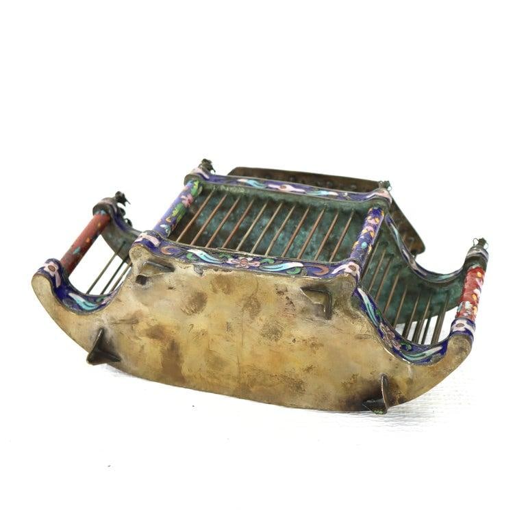 Antique Chinese Floral Cloisonne Enameled Cage With Dragon Finials C1900 - 6