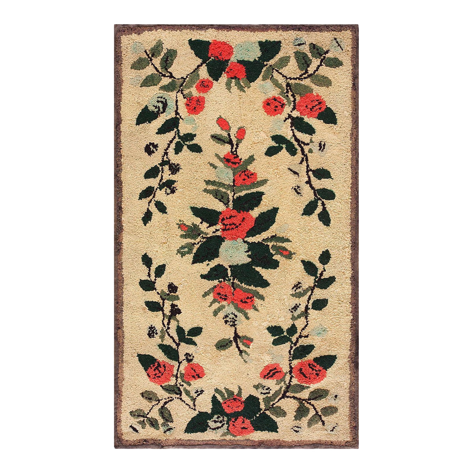 1940s Beige Floral Folk Art Antique American Hooked Rug 2'5" X 4'8" Hand Knotted Wool Carpet: Antique American Hooked rug. Measures: 2'5" x 4'8". Antique American Hooked Rug American 1940s, Country of Origin: American USA Rugs, Circa Date: 1940s. This charming piece represents the enduring fol
