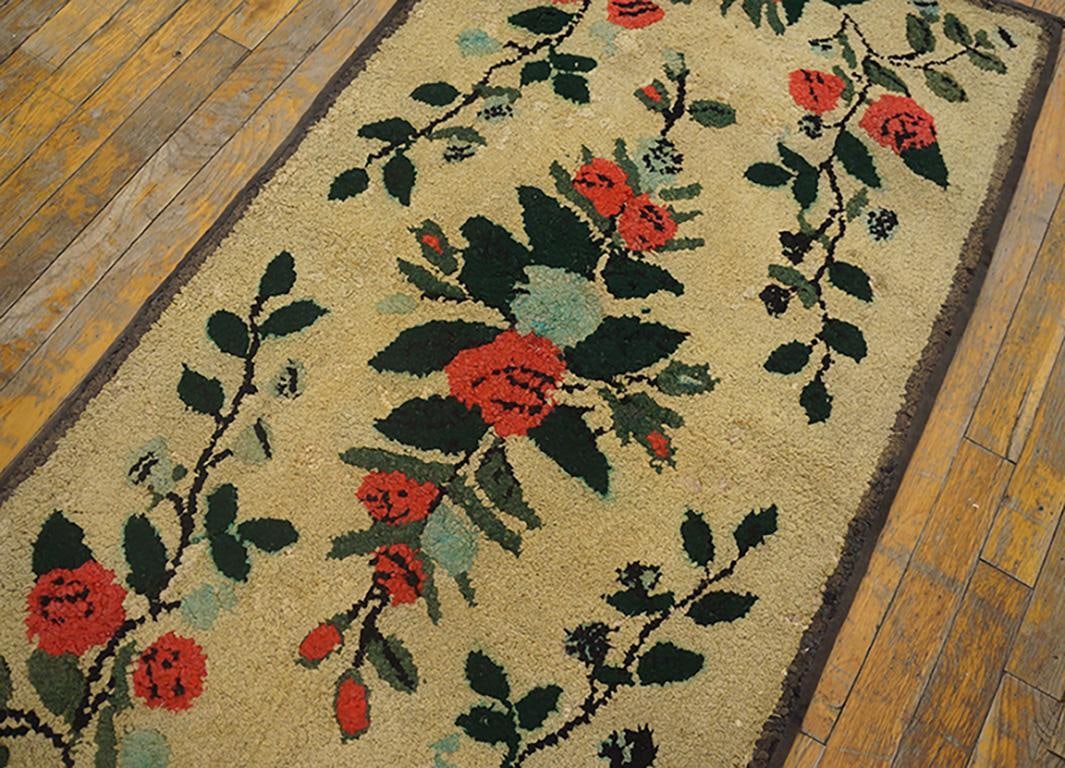1940s Beige Floral Folk Art Antique American Hooked Rug 2'5" X 4'8" Hand Knotted Wool Carpet - 2