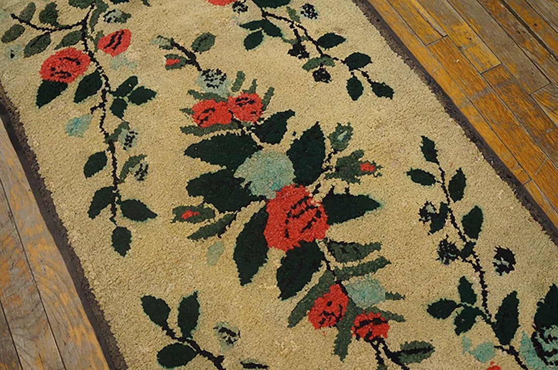 1940s Beige Floral Folk Art Antique American Hooked Rug 2'5" X 4'8" Hand Knotted Wool Carpet - 3