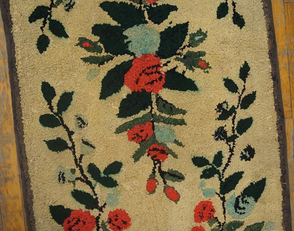 1940s Beige Floral Folk Art Antique American Hooked Rug 2'5" X 4'8" Hand Knotted Wool Carpet - 4