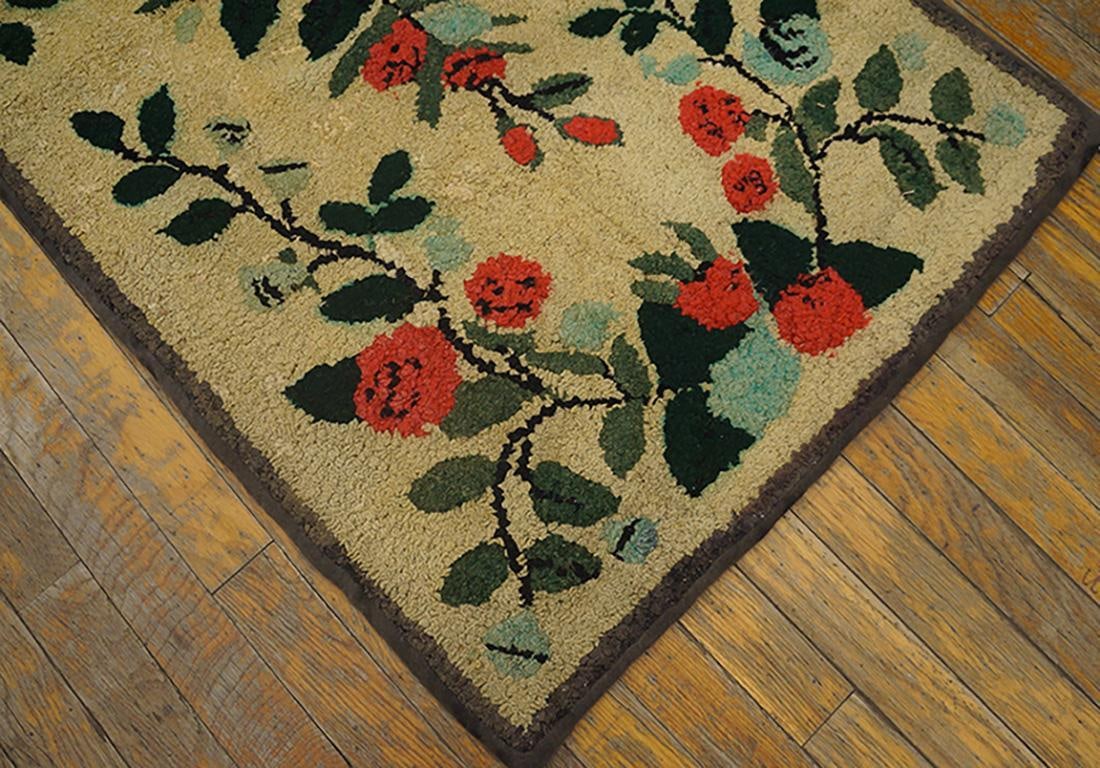 1940s Beige Floral Folk Art Antique American Hooked Rug 2'5" X 4'8" Hand Knotted Wool Carpet - 5