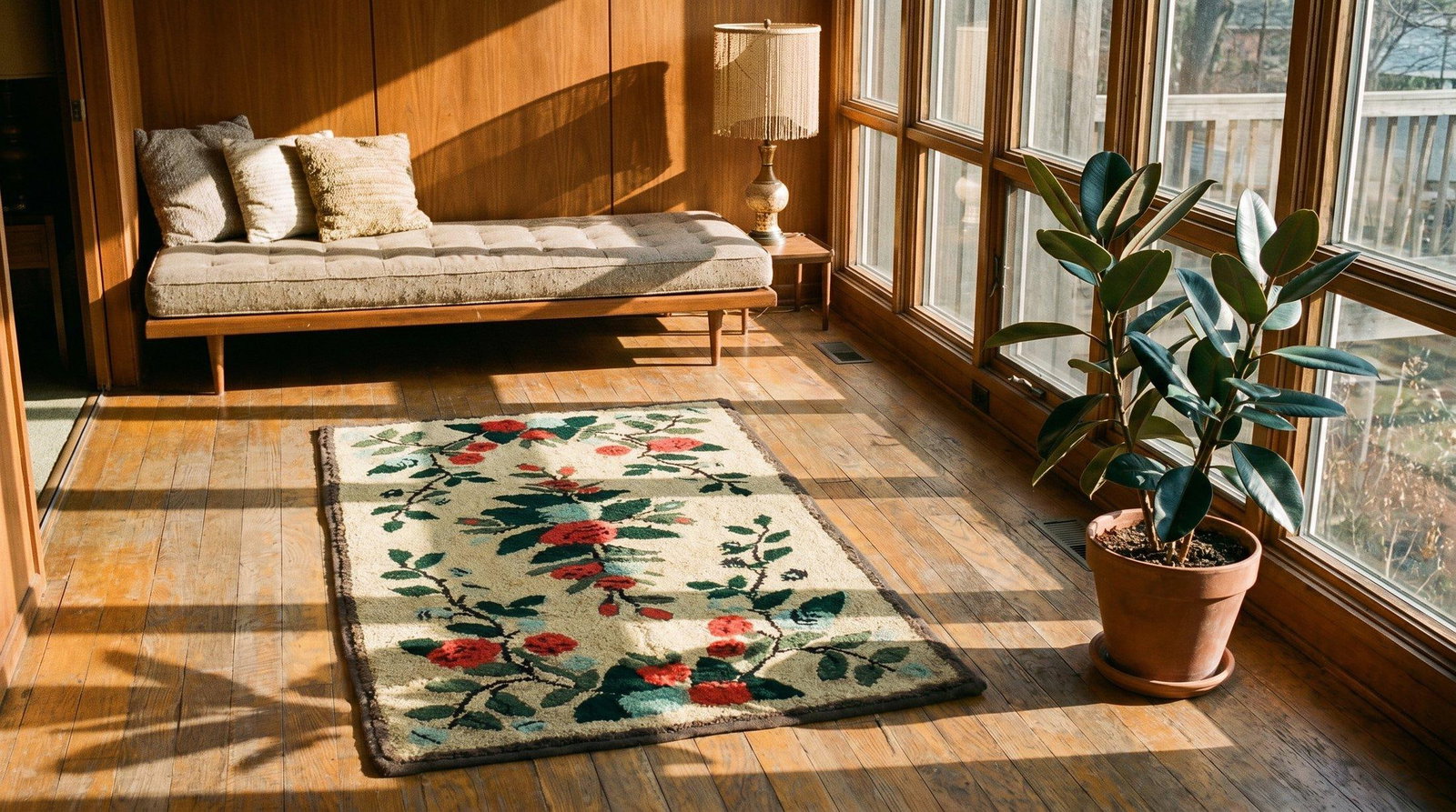 1940s Beige Floral Folk Art Antique American Hooked Rug 2'5" X 4'8" Hand Knotted Wool Carpet - 6