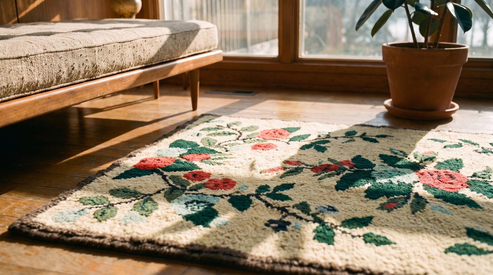 1940s Beige Floral Folk Art Antique American Hooked Rug 2'5" X 4'8" Hand Knotted Wool Carpet - 7