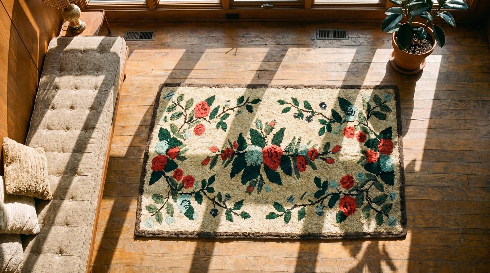1940s Beige Floral Folk Art Antique American Hooked Rug 2'5" X 4'8" Hand Knotted Wool Carpet - 8