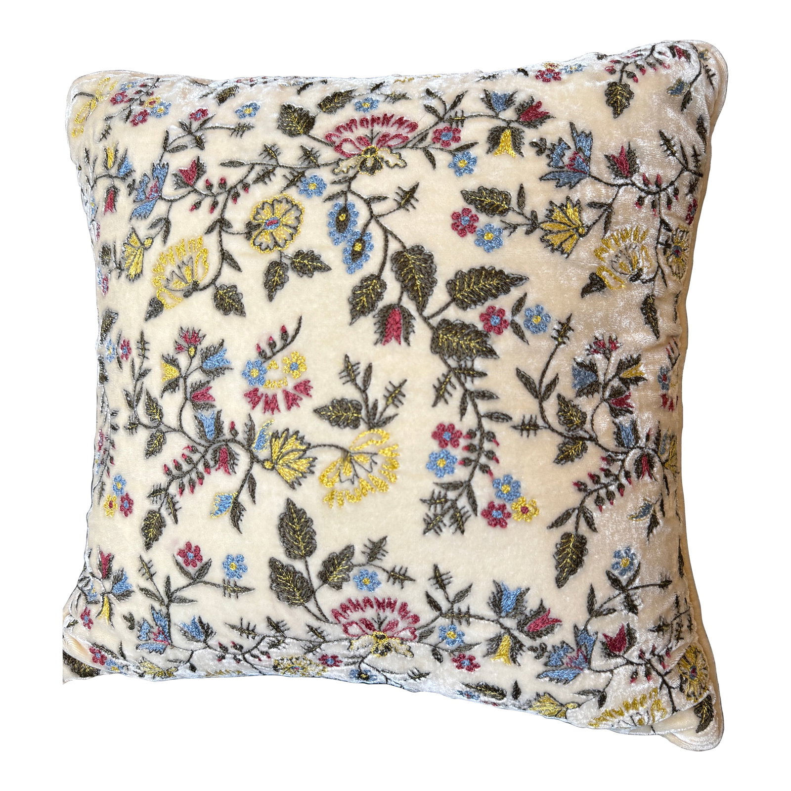 Anke Drechsel Multi-Green on Cream Pillow 14x14: Gorgeous Anke Drechsel pillow with cream background and green-dominant embroidery 14x14 available. Lustrous silk velvet, entirely hand made. A gorgeous heirloom piece. Insert included.. Dimensions