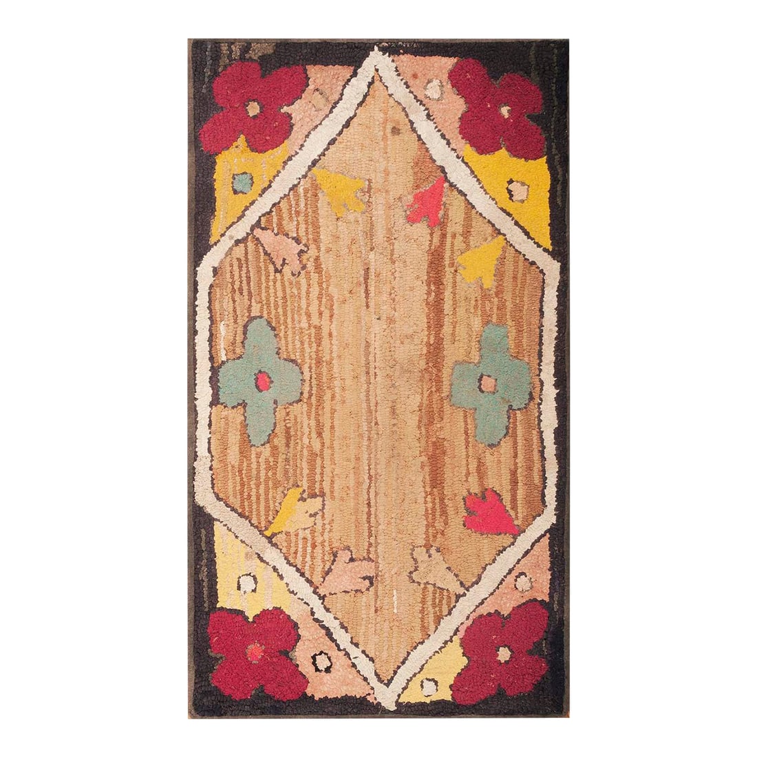 1920s Tan Camel Floral Folk Art Antique American Hooked Rug 1'10" X 3'3" Handknotted Wool Carpet: Antique American hooked rug, size: 1'10" x 3'3". Antique American Usa Wool Hand Knotted Pile Rug, Country of Origin: American USA Rugs, Circa Date: 1920s. This charming textile exemplifies the robust,