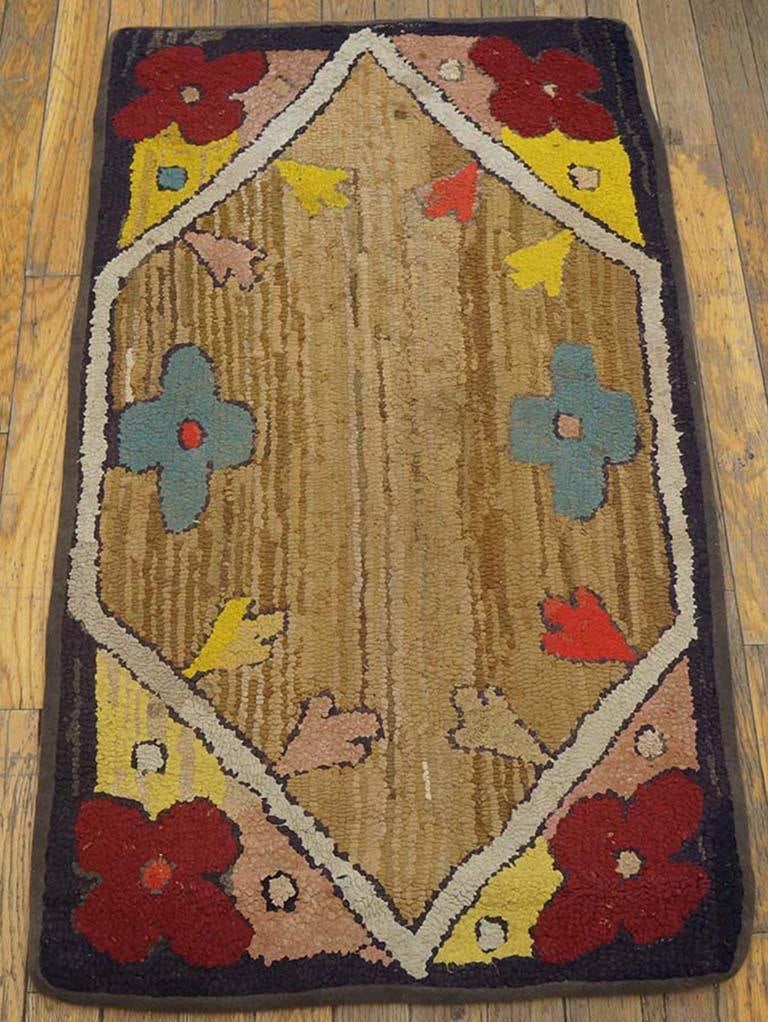 1920s Tan Camel Floral Folk Art Antique American Hooked Rug 1'10" X 3'3" Handknotted Wool Carpet - 2