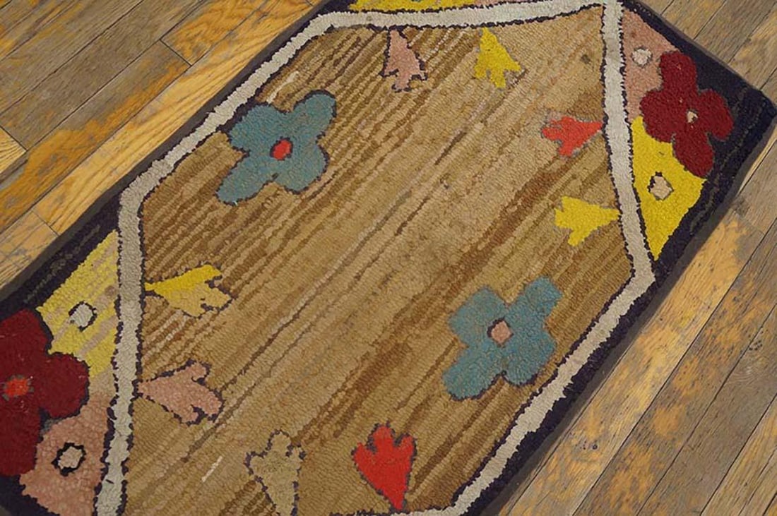 1920s Tan Camel Floral Folk Art Antique American Hooked Rug 1'10" X 3'3" Handknotted Wool Carpet - 3