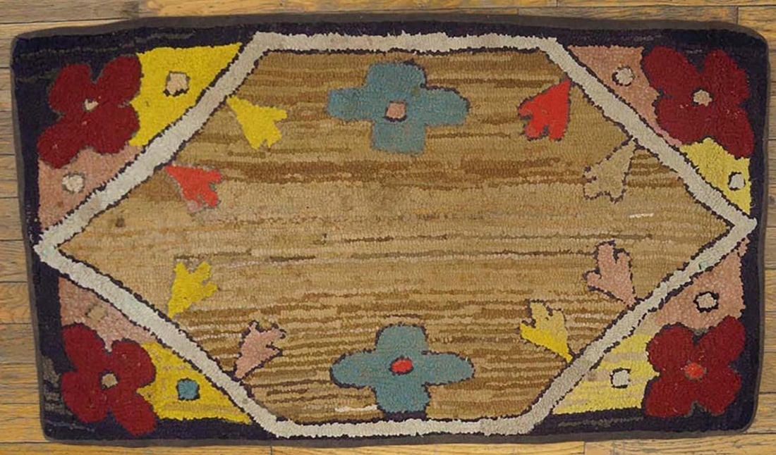 1920s Tan Camel Floral Folk Art Antique American Hooked Rug 1'10" X 3'3" Handknotted Wool Carpet - 4
