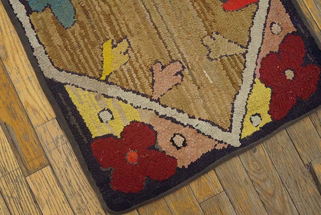 1920s Tan Camel Floral Folk Art Antique American Hooked Rug 1'10" X 3'3" Handknotted Wool Carpet - 5