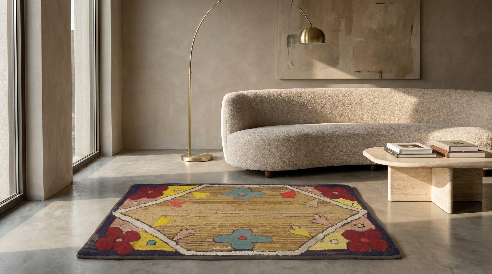 1920s Tan Camel Floral Folk Art Antique American Hooked Rug 1'10" X 3'3" Handknotted Wool Carpet - 7