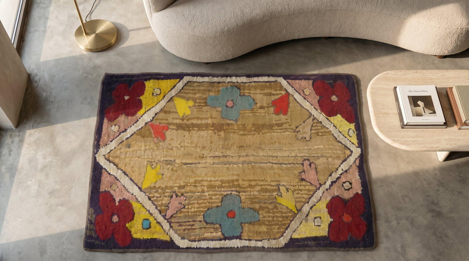 1920s Tan Camel Floral Folk Art Antique American Hooked Rug 1'10" X 3'3" Handknotted Wool Carpet - 8