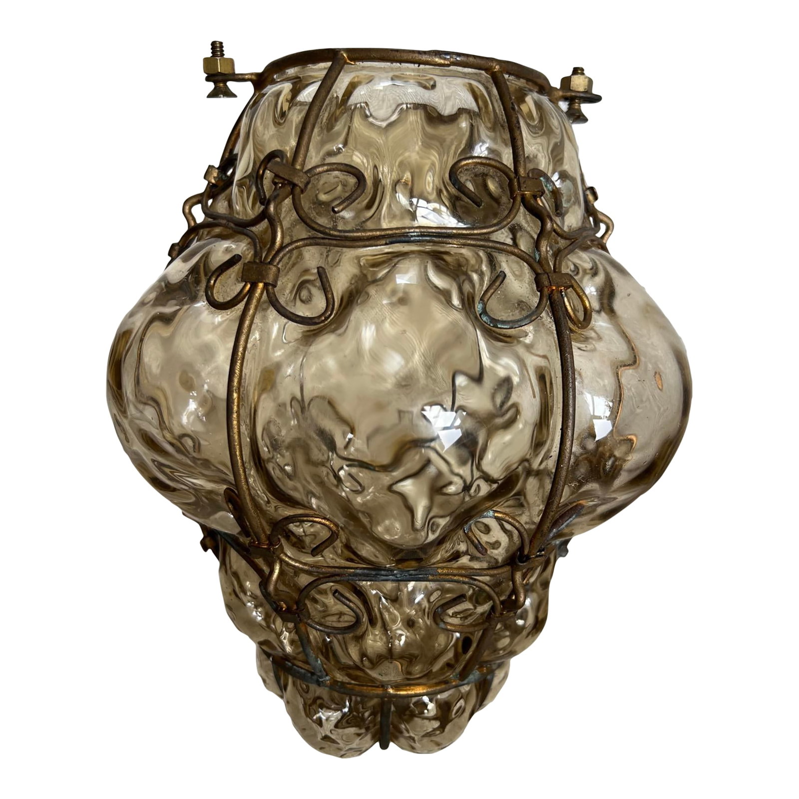 Seguso Murano Hand-Blown Glass Lantern With Sculptural Metal Cage 1930s to 1950s: This sculptural Murano glass lantern was produced in the workshop of Seguso, Venice, during the mid-20th century (circa 1930s-1950s). The piece features hand-blown clear glass with pronounced