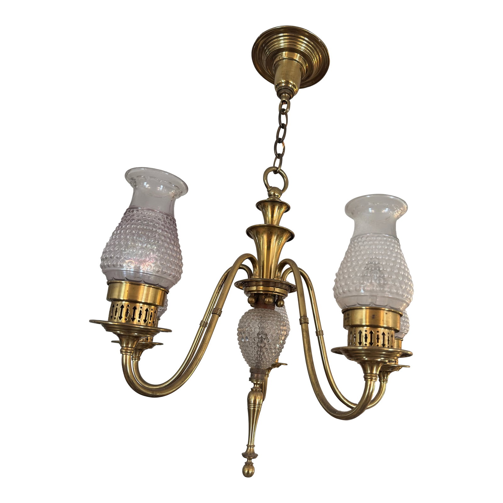 Brass 5-Light Chandelier With Clear Hobnail Glass Hurricane Shades: 1930's brass chandelier with clear glass hobnail hurricane shades. Attractive detailing and natural patina. Standard bulb bases. No chips on shades and newer wiring. Condition: Alterations: Restored