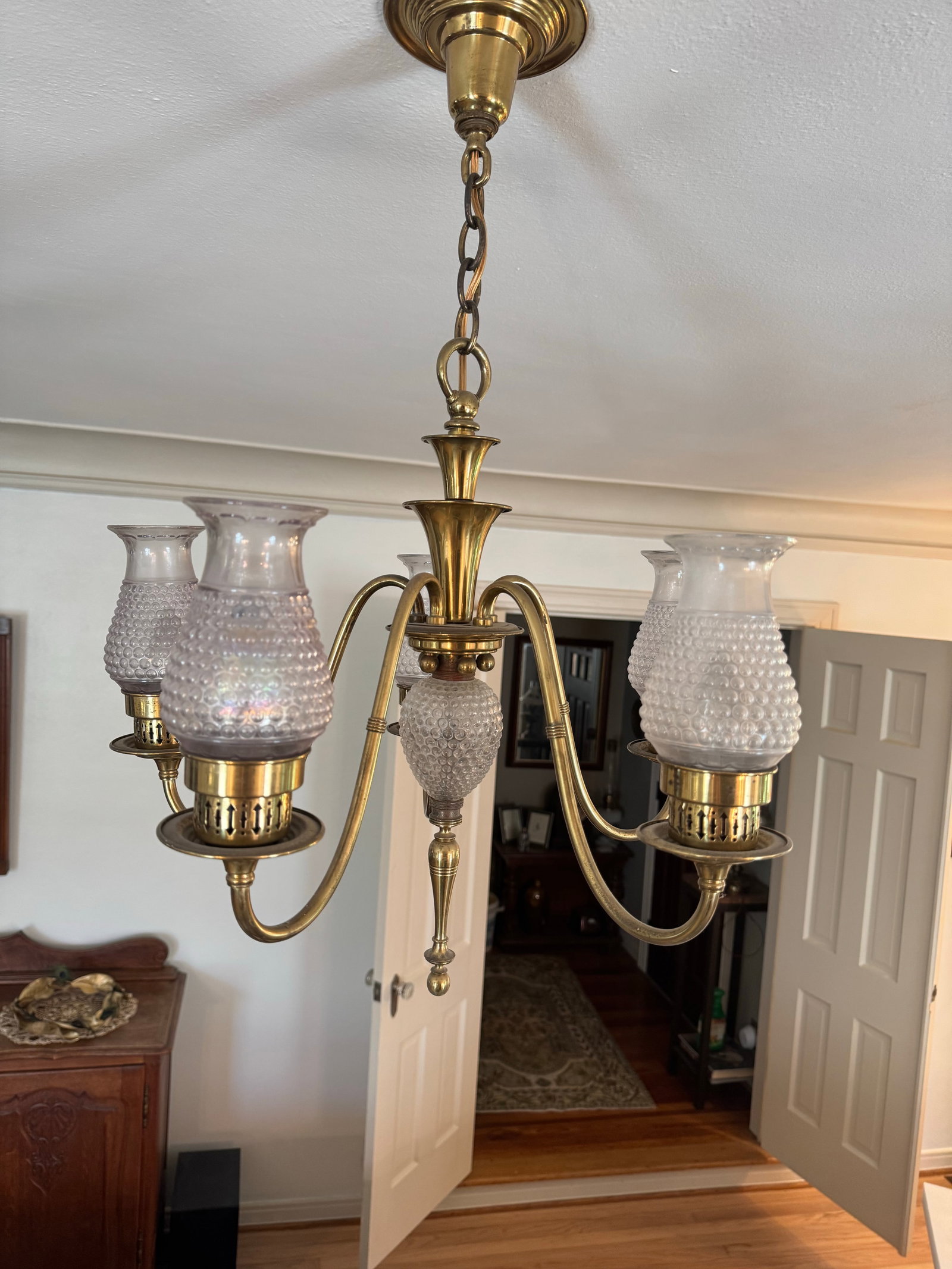 Brass 5-Light Chandelier With Clear Hobnail Glass Hurricane Shades - 2