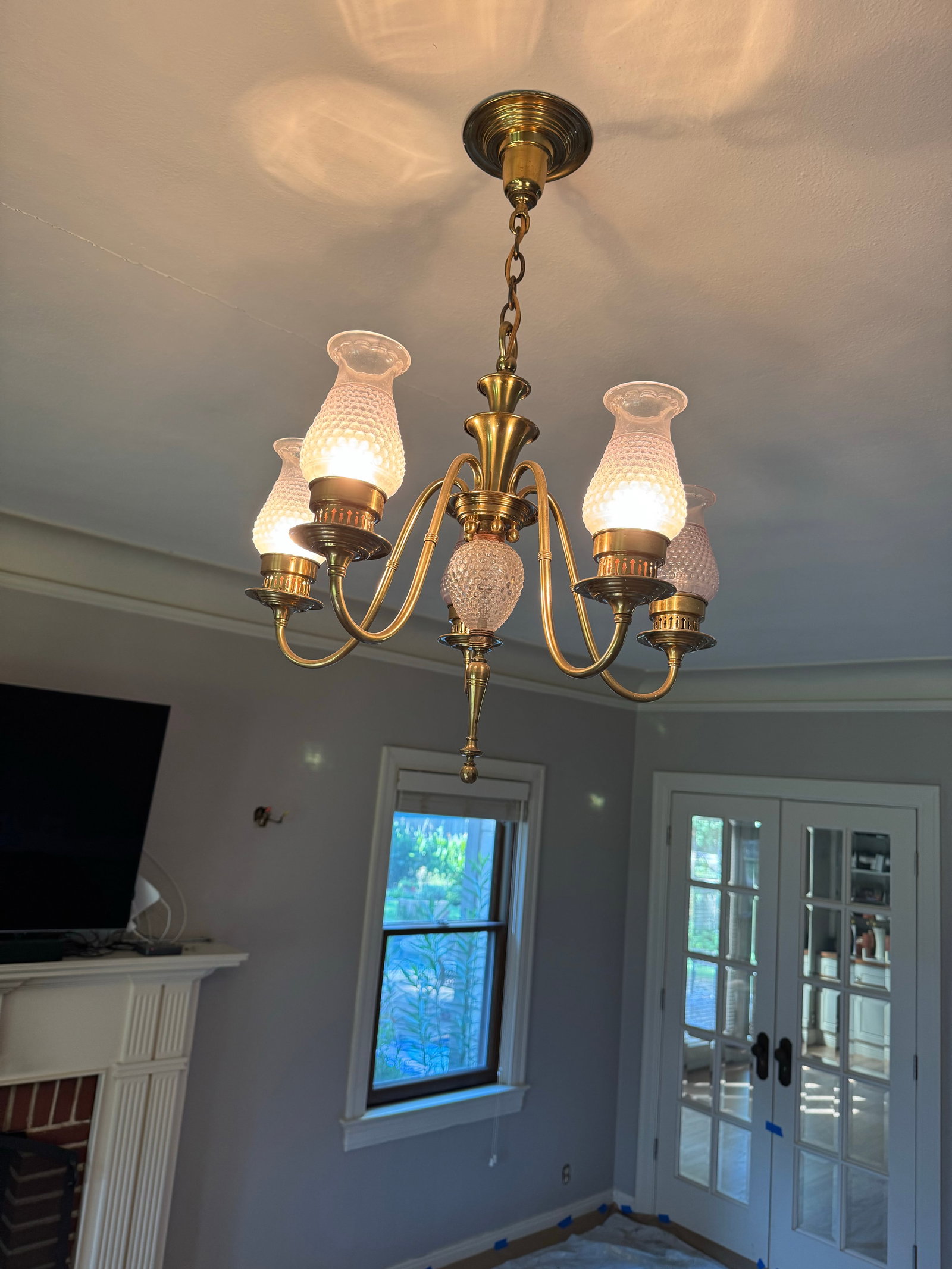 Brass 5-Light Chandelier With Clear Hobnail Glass Hurricane Shades - 3