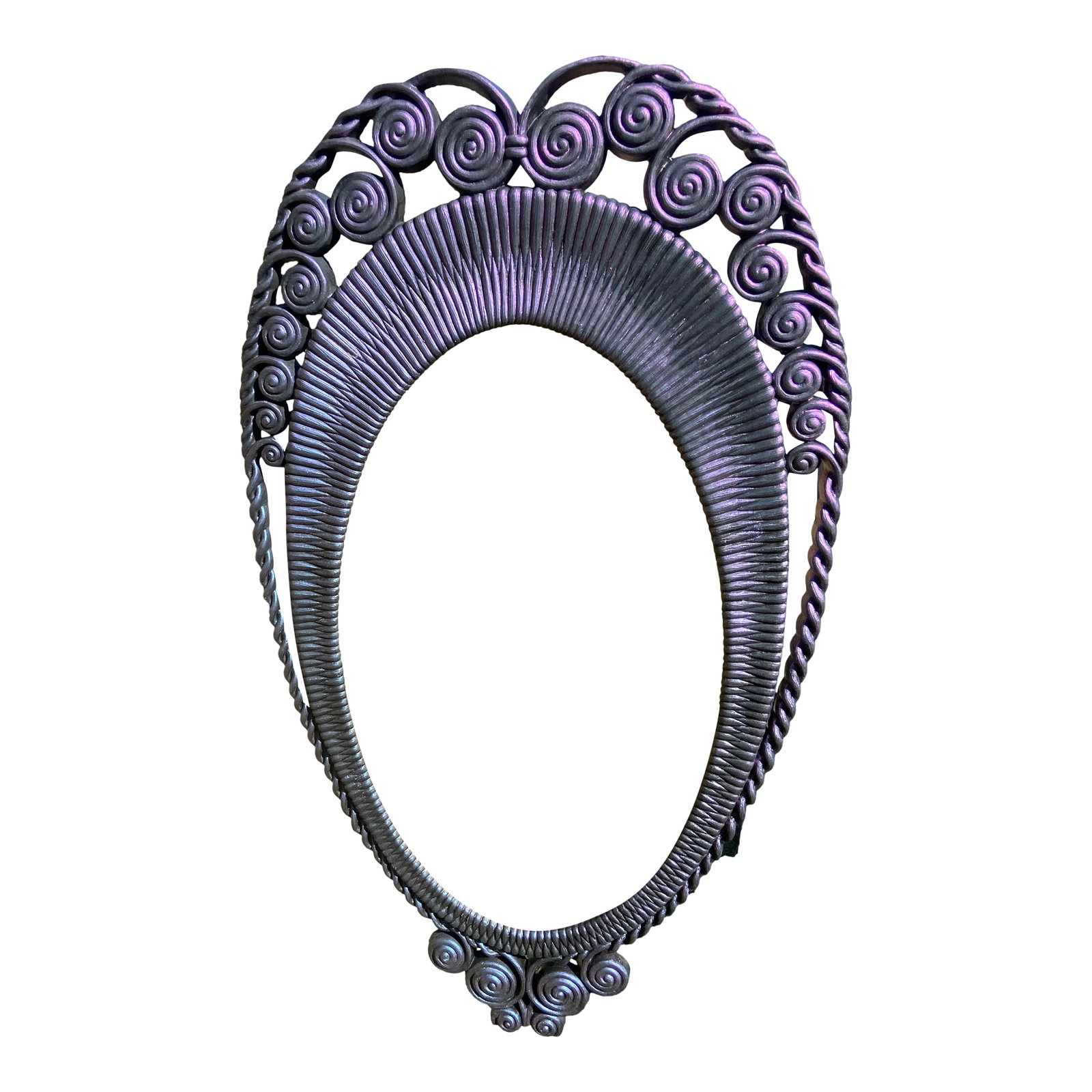 Vintage Faux Wicker Rattan Homco Bathroom Vanity Wall Hanging Mirror, Colorshifting Purple Oval Mirr: Color shifting Dark purple to blue to pink Faux rattan wicker Hollywood Regency Wall Mirror Hanging VTG Mirror MCM Asian 80s By Homco Interiors. Lightweight Plastic Like Material. Heavy duty Can be hu