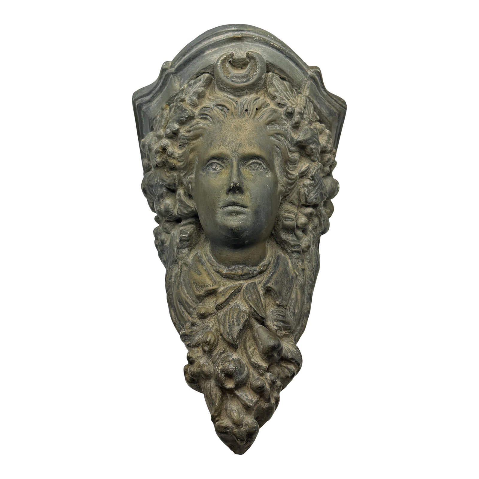 Vintage Architectural Woman Bracket Plaster Antique-Finish Wall Corbel Sculpture: A finely detailed vintage architectural wall bracket featuring the head and bust of a classical woman with flowing hair and ornate vegetal motifs. Finished in a subdued antique patina that evokes