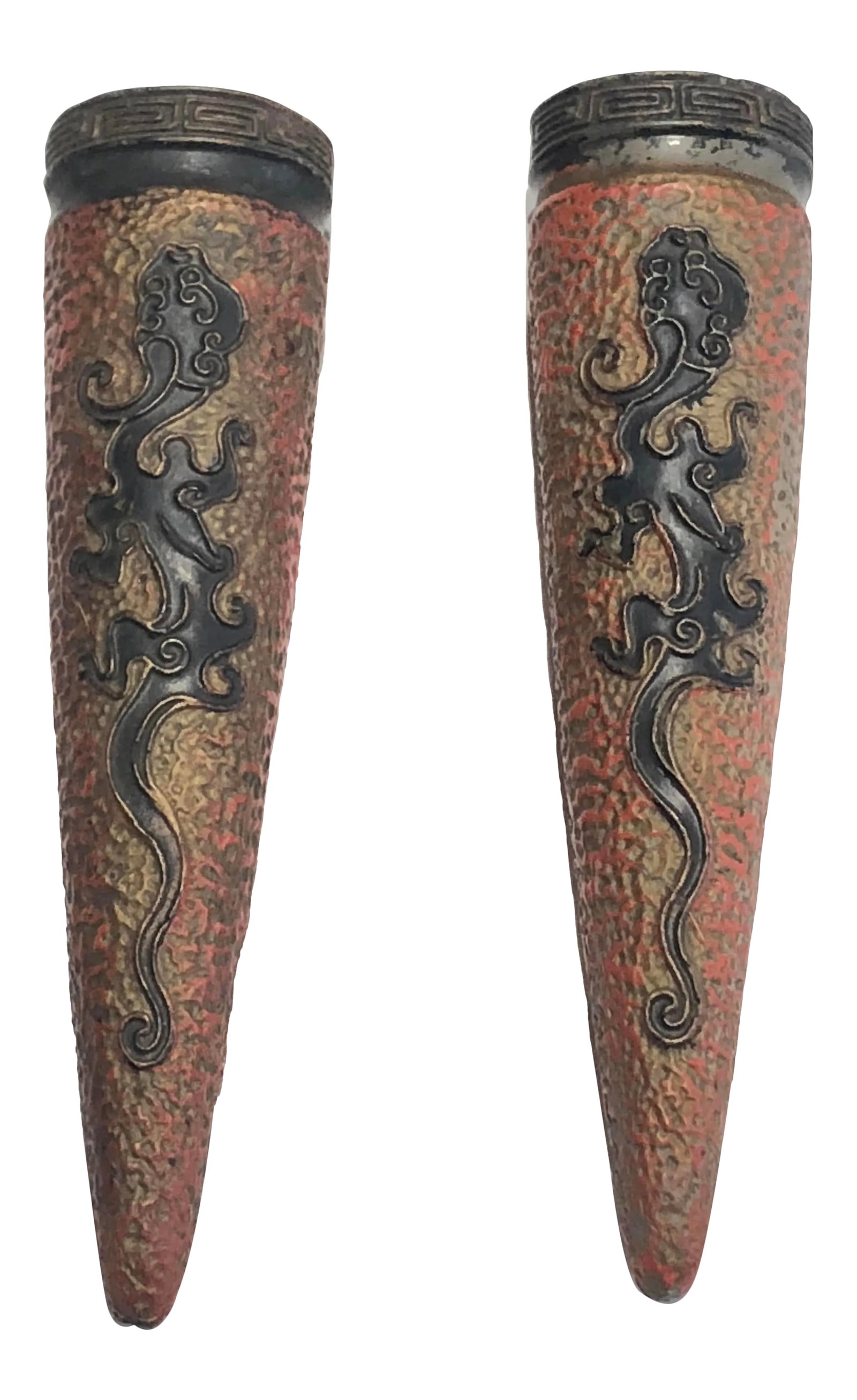 Japanese Cone Shaped Wall Pockets - a Pair: Pair of Japanese cone shaped wall pockets dating back to the 18th century beautifully textured and paired with an elaborately carved dragon shape figure on the front Condition: Alterations: Original