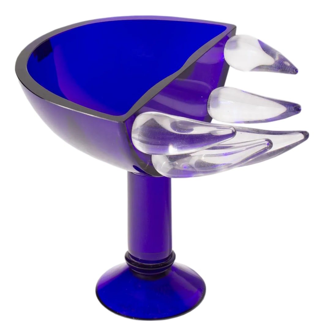 David Sobotka Alchymie Praha Limited Edition Blue Glass Compote: A limited edition blue glass compote designed by the Czech glass artist and designer David Sobotka for Alchymie Praha. This compote features a half moon bowl at the top with five cone-shaped clear